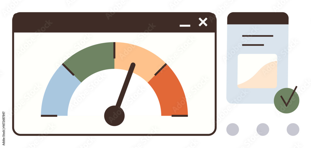 Poster speedometer gauge with colored ranges in browser window, mobile app with graph and tick icon. ideal 