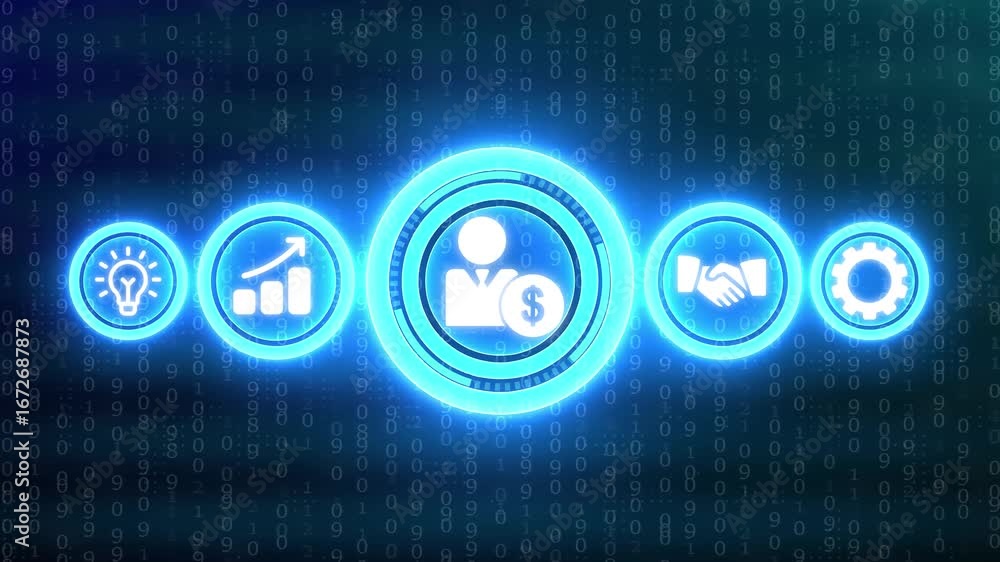 Poster glowing neon business icons arranged horizontally against a digital binary code background finance t