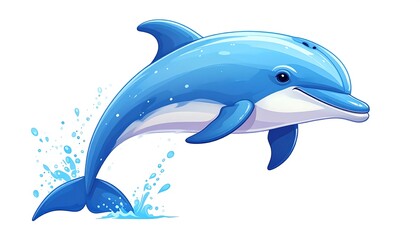 Fototapeta premium A vibrant blue dolphin leaps gracefully out of the water, splashing beautifully against a plain white background.