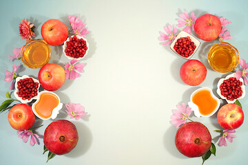 Creative composition for the Jewish holiday Ro Hashanah with a place for congratulations. Layout with traditional symbols of the Jewish New Year, template with honey, apples, pomegranate and flowers