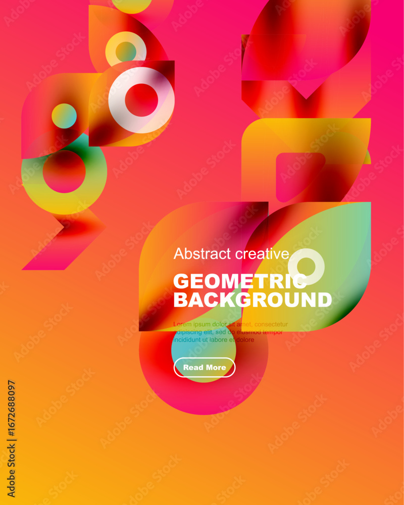 Poster vibrant abstract shapes overlap, creating dynamic colorful background. text promotes geometric desig
