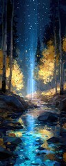 Autumn Night Forest Stream, Glowing Path, Mystical Wallpaper
