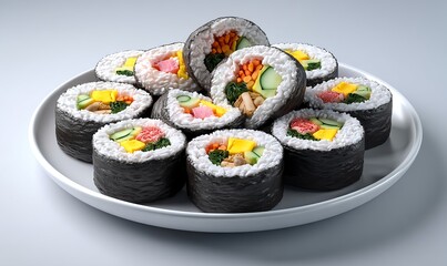 Sliced Korean gimbap with neatly arranged cylindrical cross sections showing yellow pickled radish, egg, carrot, cucumber, and crab stick on a round white ceramic plate