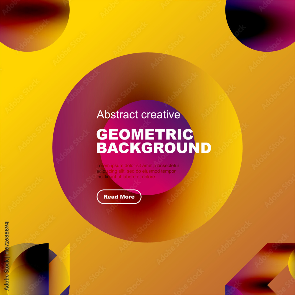 Poster vibrant abstract circles overlap, creating dynamic colorful background. text promotes geometric desi