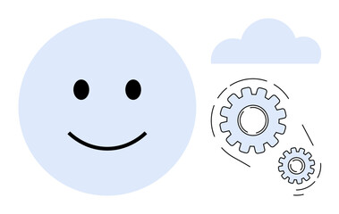Blue smiling face paired with interconnected gears under a cloud shape. Ideal for teamwork, creativity, problem-solving, productivity, positivity, cloud-based solutions, simple flat metaphor