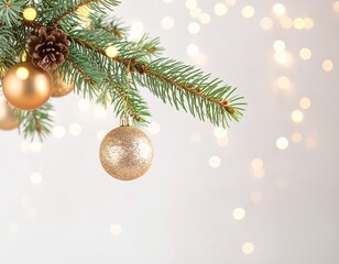 Fototapeta premium Pine Branch with Ornaments and Holiday Lights