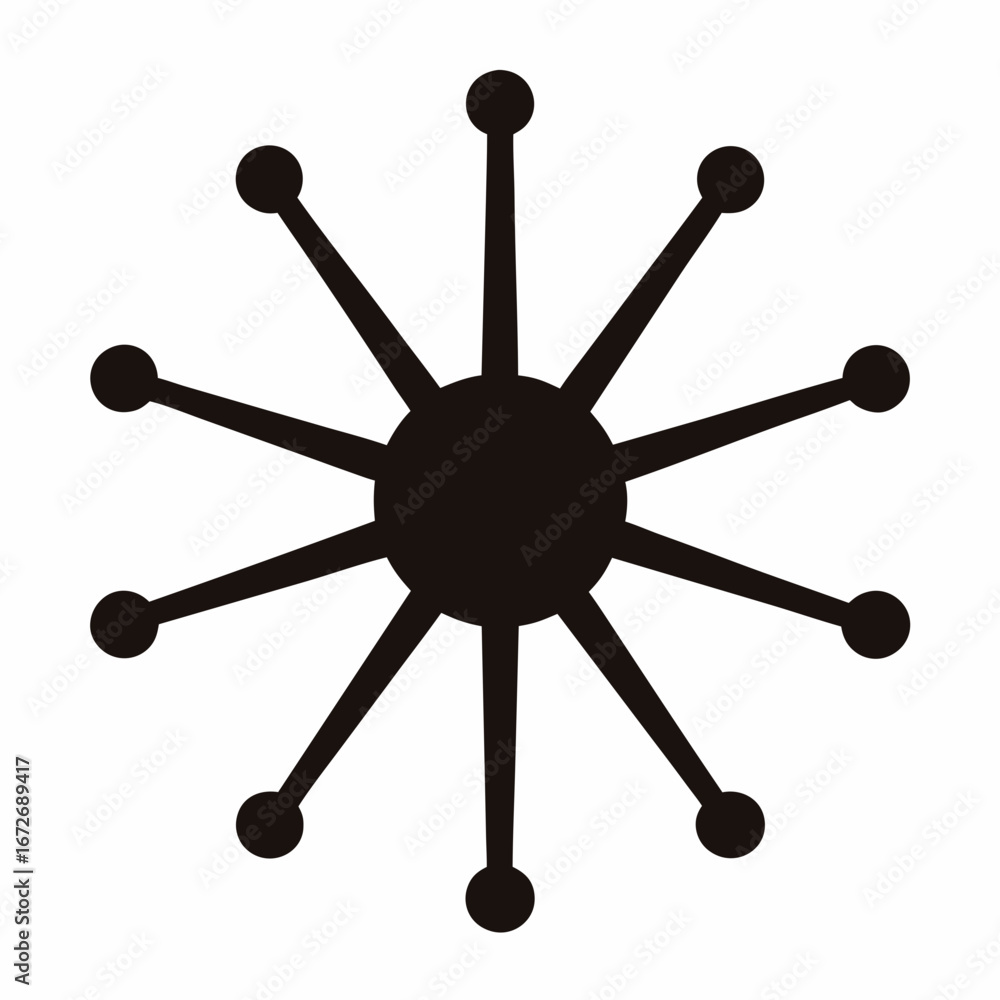 Poster retro sputnik inspired starburst shape with rays and spherical endings design