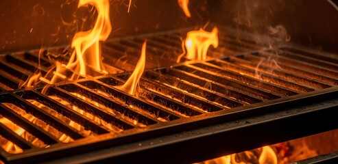 Intense Fire Reflecting Off Steel Cooking Grate with Blazing Flames