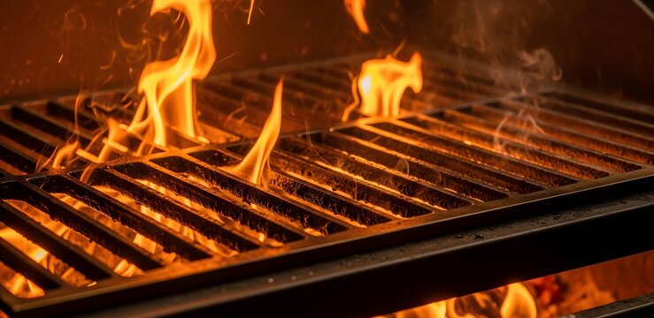 Intense Fire Reflecting Off Steel Cooking Grate with Blazing Flames