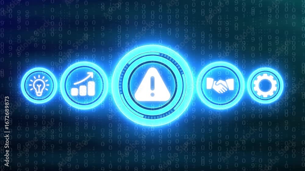 Poster blue neon icons of lightbulb bar chart exclamation mark handshake and gear on digital binary code ba