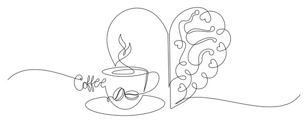 Continuous line drawing illustration of a coffee cup and a heart-shaped brain
