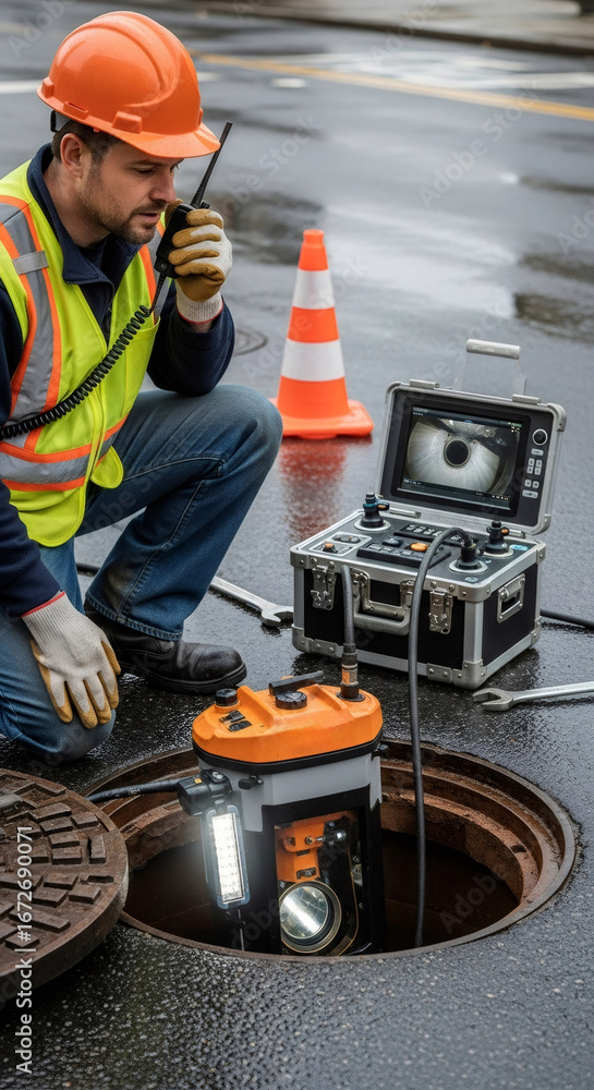 Aufkleber caucasian man inspecting sewer pipe. worker using robotic camera for stormwater drainage system insp