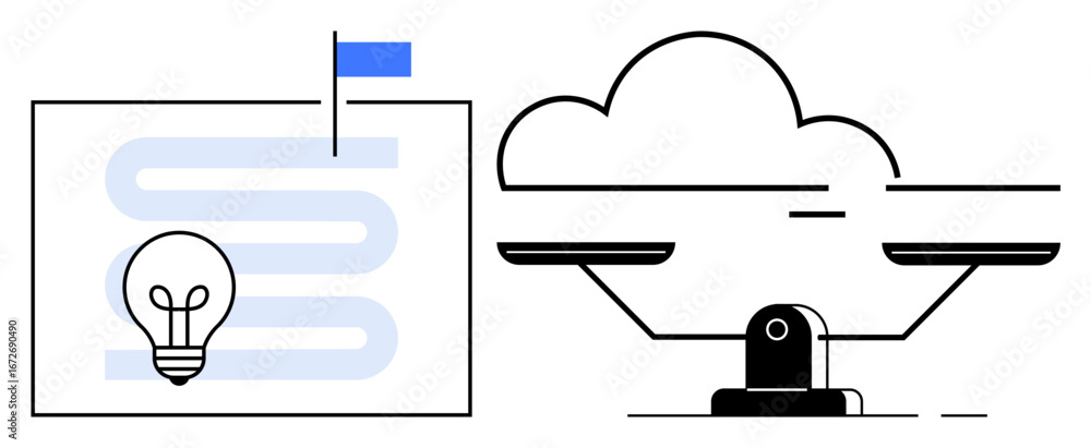 Poster light bulb on a winding path with a flag and a balanced cloud structure. ideal for strategy, innovat