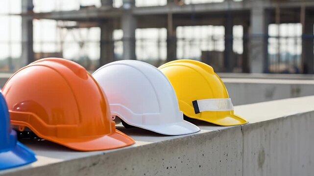 Four hard hats in different colors lined up on a concrete surface