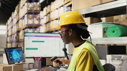 Woman uses AI-generated software for order processing automation, advanced neural networks cloud computing system ensures parcel tracking with a computer in warehouse with racks. Camera A. - Powered by Adobe