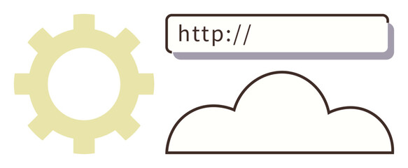 Gear, browser URL bar, and cloud highlighting cloud-based solutions, technology, and internet services. Ideal for technology, cloud computing, innovation, networking development automation data