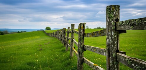 Wooden Fence Along Green Fields Under Cloudy Sky