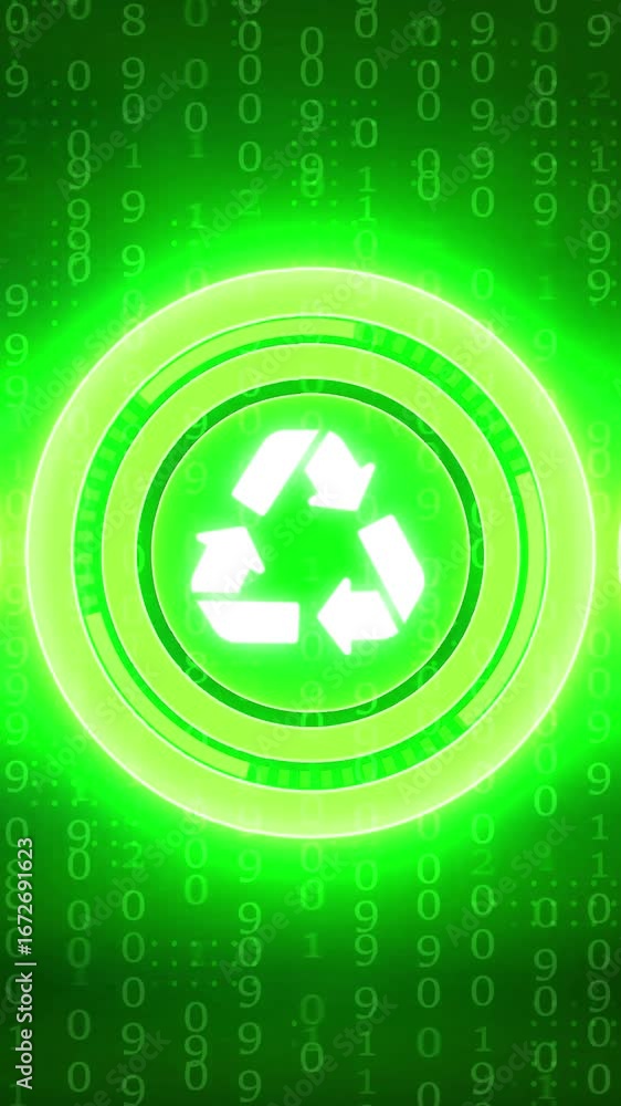 Poster glowing green recycling symbol icon on digital binary code background technology