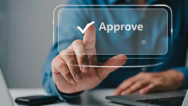 Approving Online Form: Man Clicks "Approve" Button on Virtual Interface - Business Authorization, Digital Approval Concept