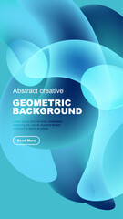 Abstract shapes overlap, creating vibrant blue gradients on dark background. Text promotes geometric design concept.