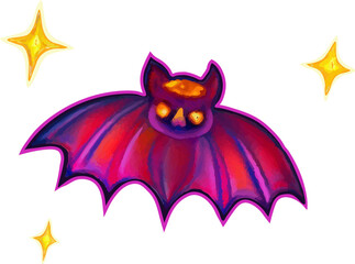 Halloween Night Bat Digital Painting with Stars. Colorful Halloween bat illustration with glowing pumpkin face and eyes, surrounded by golden stars on a brown background