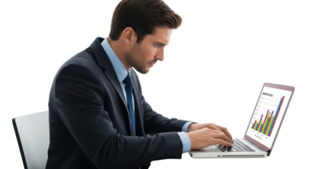 A focused businessman in a dark suit and tie intently types on a laptop displaying a colorful bar graph, representing data analysis and business progress.