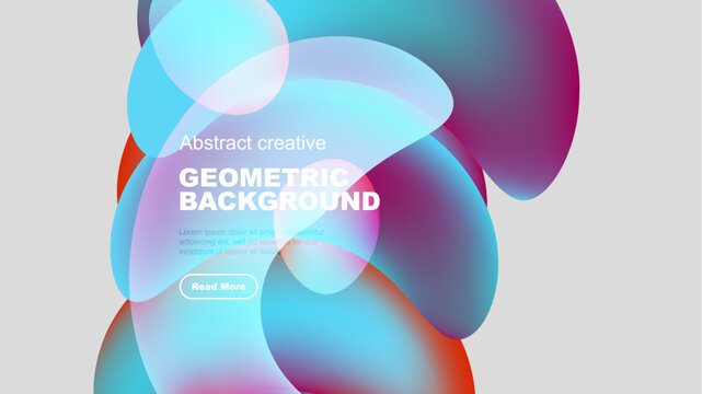 Abstract shapes overlap, creating vibrant colorful background. Text promotes geometric design, includes call to action.