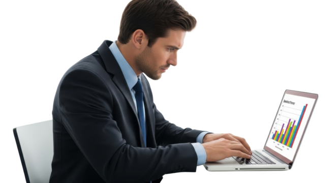 A focused businessman in a dark suit and tie intently types on a laptop displaying a colorful bar graph, representing data analysis and business progress.
