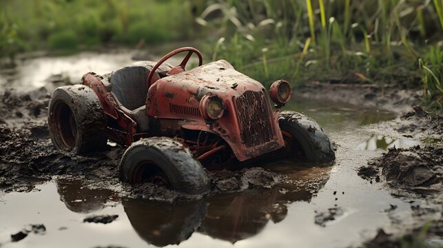 Rusty Red Toy Tractor Stuck in Mud Puddle