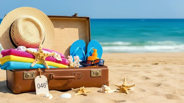 Open suitcase with beach items on a sandy beach with ocean background