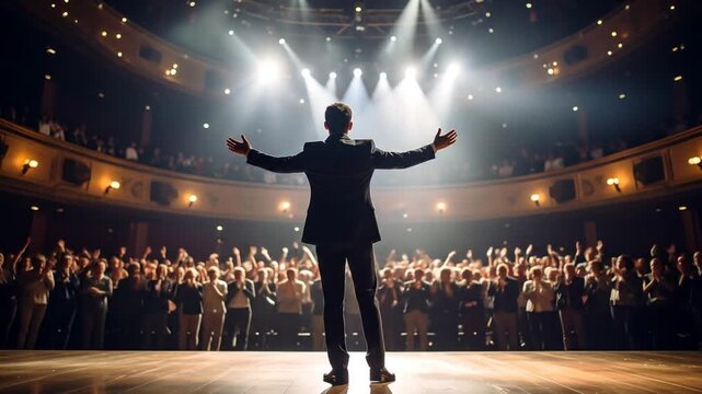 Speaker captivating audience on stage with arms raised, theatre scene, and spotlights.