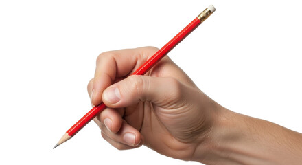 Close-up of a hand holding a red pencil, ready to write or draw.