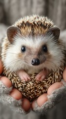 Fototapeta premium Hedgehog nestled gently in hands, showcasing adorable features and intricate fur patterns in a cozy setting