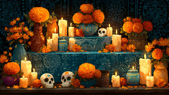 An Illustration of a Day of the Dead altar with multple layers, each decoratedwith marigolds, sugar skuls, and candles, against a ackdrop of traditional Mexcan patterns