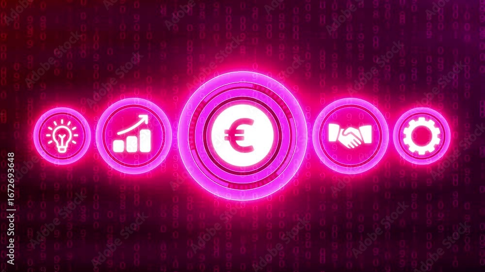 Aufkleber vibrant pink neon icons symbolizing business concepts against a dark digital binary code backdrop fi