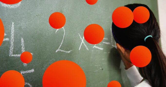 Red circles drifting aside revealing chalkboard, girl writing missing 4 for math turning smiling