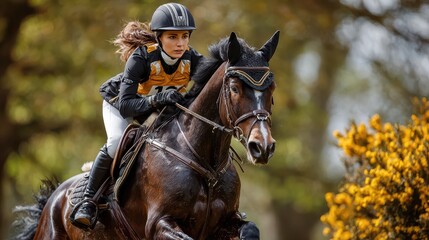 Obraz premium Equestrian athlete gracefully jumps over obstacle during competition in scenic outdoor arena