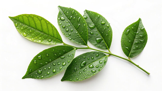 Fototapeta Vibrant green leaves adorned with sparkling water droplets, showcasing nature's fresh beauty and vitality, perfect for health and wellness themes.