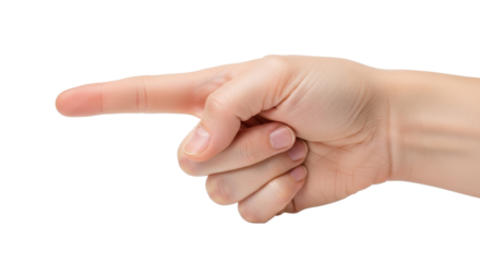 Close-up of a light-skinned hand pointing to the right.