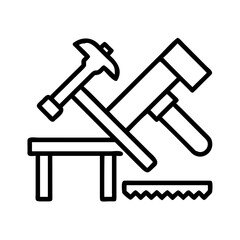 Construction tools lying on a work table or workbench in line art