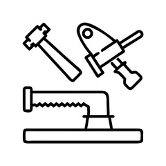 Iconographic representation of carpentry tools with hammer, drill and saw