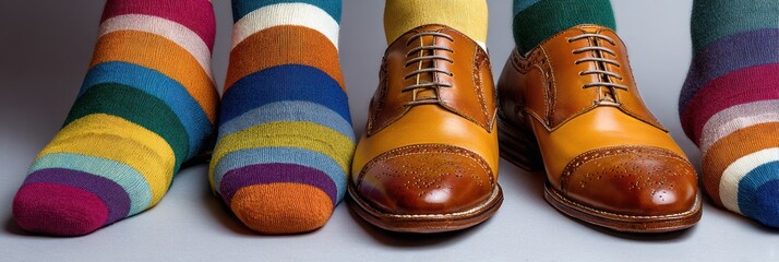 Colorful matching socks and stylish dress shoes on display in a creative indoor setting