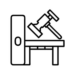 Illustration of a court gavel and legal bench or table in outline