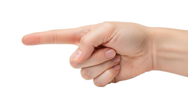 Close-up of a light-skinned hand pointing to the right.