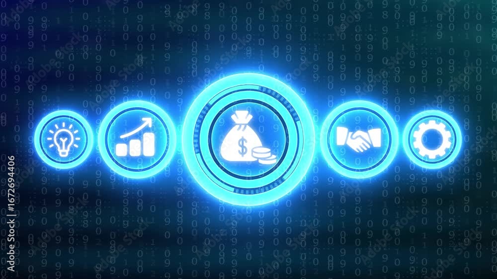Poster neon blue business icons including money bag and growth chart on a digital binary code background fi
