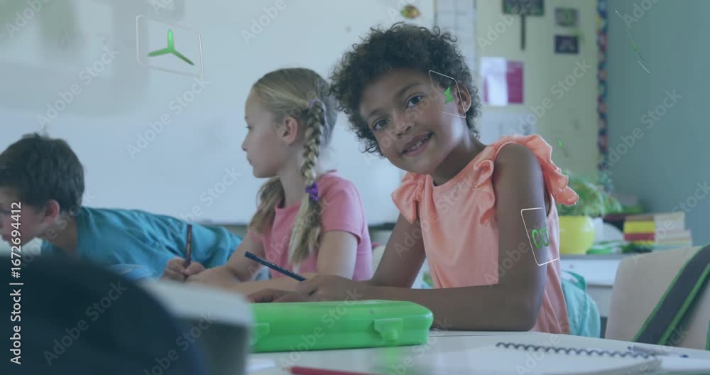 Poster curly-haired girl pausing and lifting pencil while animated green icons showing learning progress