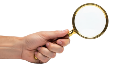 A human hand holding a magnifying glass, isolated against a white background.