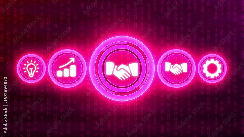 Poster business icons for idea growth partnership and efficiency with glowing pink neon circles on a dark b