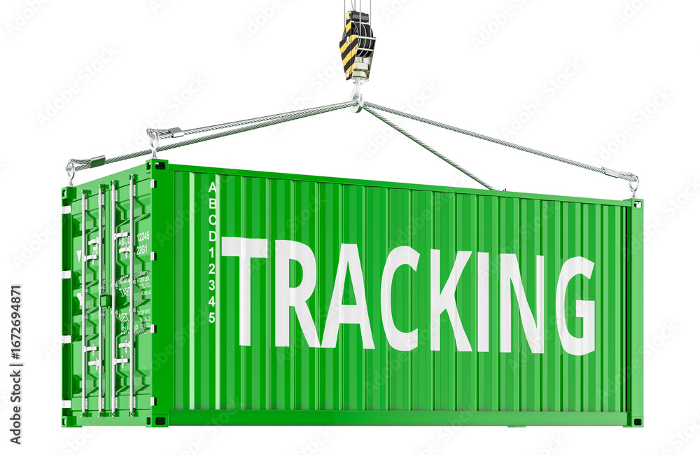 Poster shipment tracking and freight transportation, concept with green shipping container on crane hook. 3