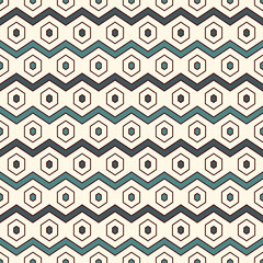 Zigzag seamless pattern. Hexagon mosaic tiles ornament. Ethnic surface print. Repeated geometric figures background. Ornamental wallpaper. Modern geo design digital paper. Vector abstract art